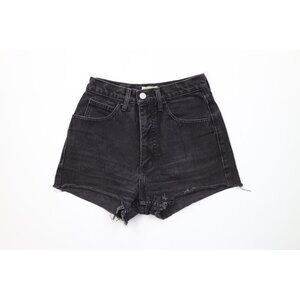 Vtg 90s Guess Womens 27 Distressed Spell Out Cut Off Denim Jean Shorts Black USA